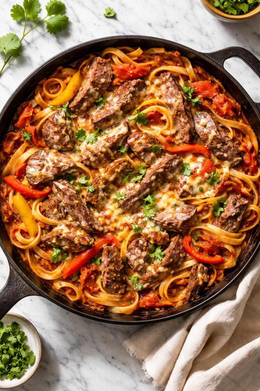 Image Prompt: Realistic top-down editorial food photography of Mexican steak pasta skillet on a white marble countertop, pasta tossed with sliced steak, onions, peppers, tomato sauce, and melted cheese in a rustic skillet, bright natural daylight, soft shadows, warm homemade dinner mood, high detail, realistic food texture, no people, no hands, no text, no watermarks, no props with writing.