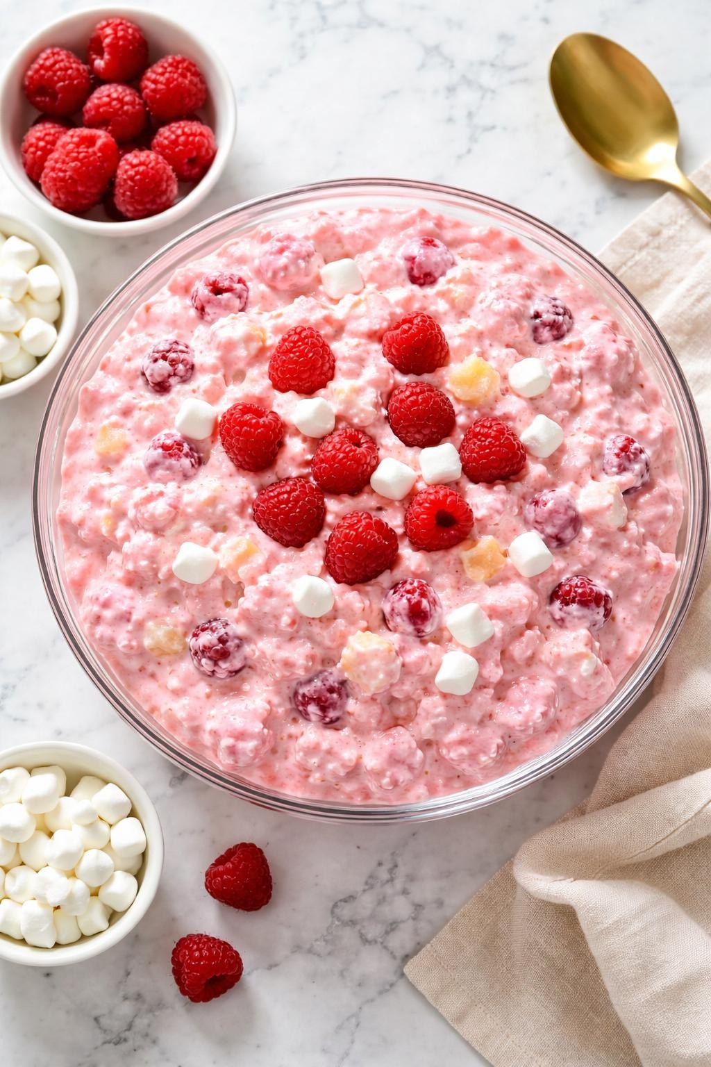 Image Prompt: Realistic top-down editorial food photography of raspberry fluff salad in a clear serving bowl on a white marble countertop, creamy pink fluff with raspberries, marshmallows, whipped topping, and crushed pineapple, cheerful homemade potluck dessert mood, bright natural daylight, soft shadows, clean editorial styling, high detail, realistic texture, no people, no hands, no text, no watermarks, no props with writing.