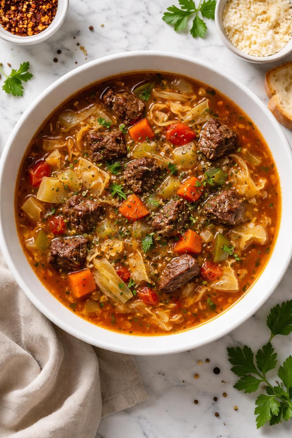 Image Prompt: Top-down realistic food photography of cabbage vegetable beef soup in a white bowl on a bright marble countertop, savory broth with beef, chopped cabbage, carrots, celery, tomatoes, and herbs, cozy homemade dinner styling, bright natural daylight, clean editorial composition, high detail, no people, no hands, no text, no watermarks, no props with writing.