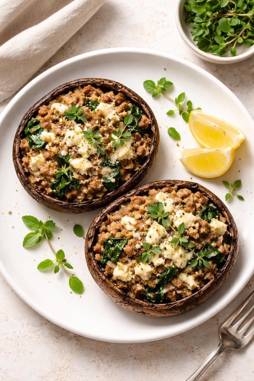 "Realistic top-down food photography of two large portobello mushrooms on a white plate. The mushrooms are filled with a mixture of ground turkey, spinach, onion, and feta cheese, baked until juicy. A sprinkle of fresh oregano. Soft natural light, low-carb and satisfying healthy dinner, no people, no hands, no text, no watermarks."