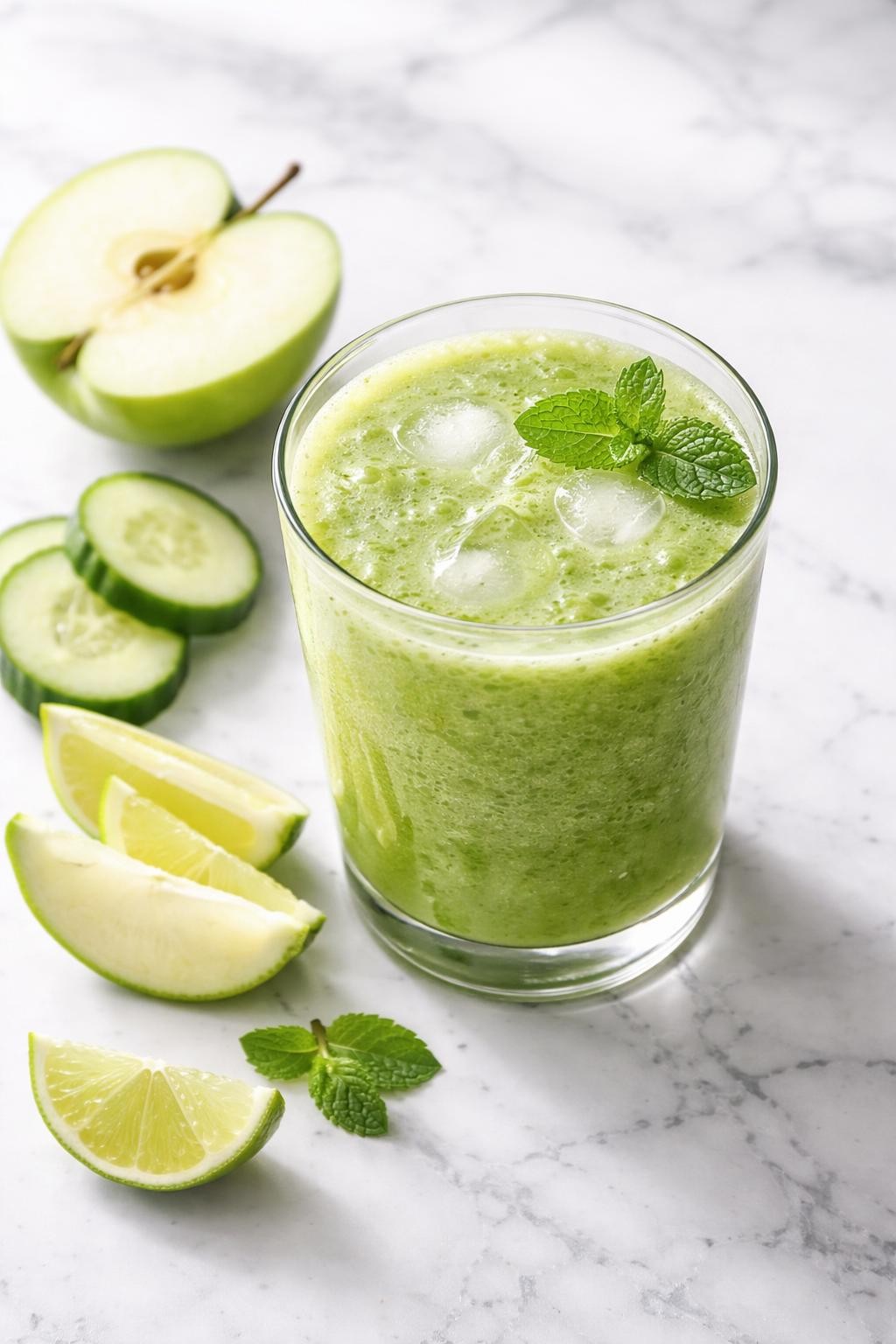 Realistic top-down food photography of a fresh green apple cucumber smoothie in a clear glass on a clean white marble countertop. The smoothie is light green and refreshing, with thin cucumber slices, green apple wedges, and a small lime wedge styled beside the glass. Soft natural daylight, crisp clean styling, realistic drink texture, high detail, no people, no hands, no text, no watermarks, no props with writing.