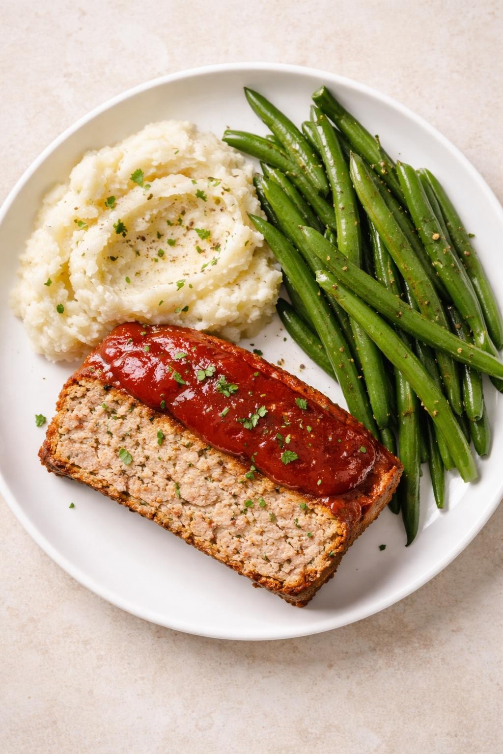 "Top-down realistic photo of a slice of turkey meatloaf on a white plate next to a scoop of mashed cauliflower, with a small pool of sugar-free ketchup glaze on top. Steamed green beans on the side. Soft neutral light, classic comfort food prep made lighter, no people, no hands, no text, no watermarks."