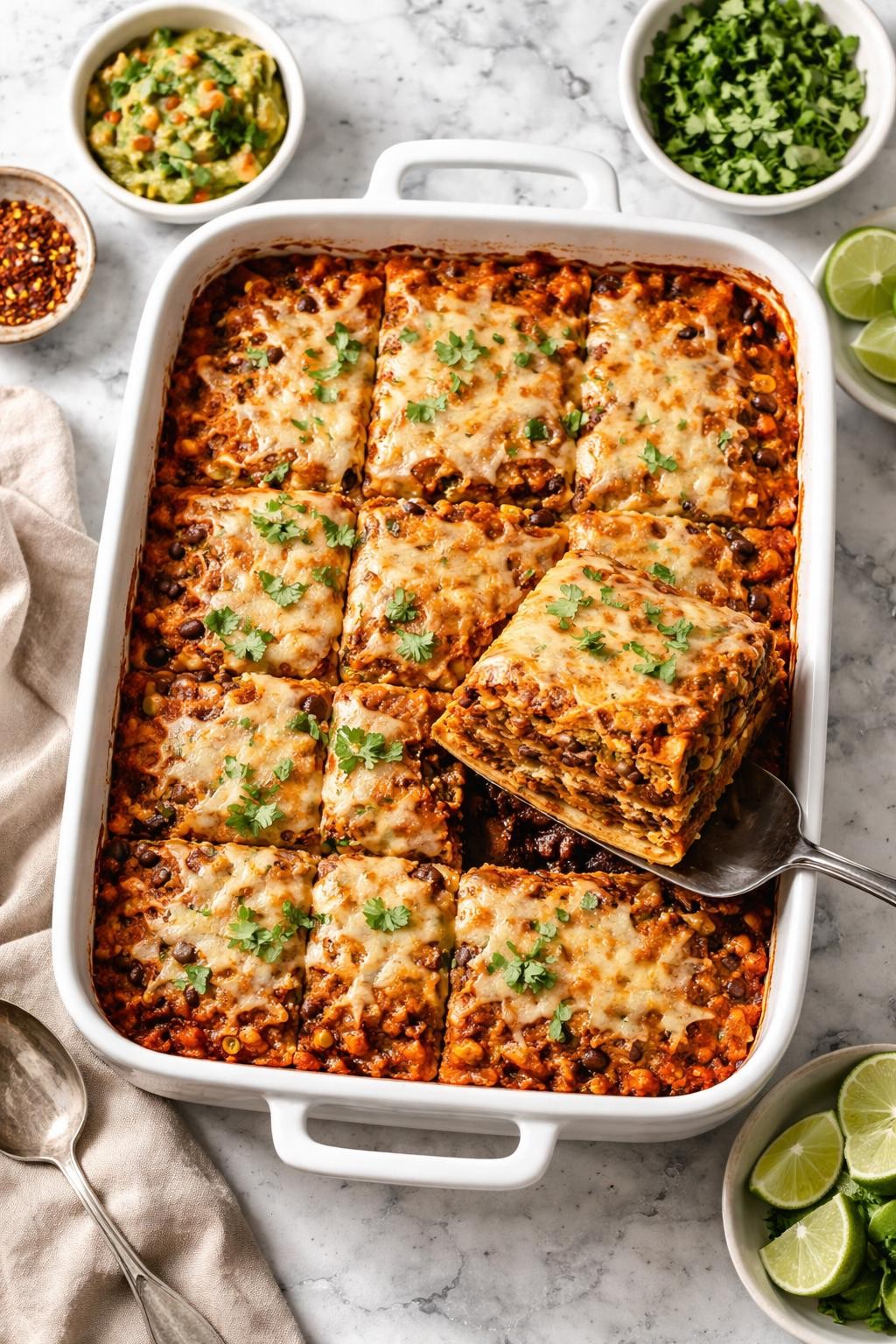 Image Prompt: Top-down realistic editorial food photography of a homemade vegan TVP enchilada bake on a clean white and gray marble countertop, layered tortillas with saucy seasoned TVP, beans, enchilada sauce, and melted vegan cheese, one square lifted out to show the layers, cozy homemade dinner mood, natural window light, soft shadows, high detail, no people, no hands, no text, no watermarks, no props with writing.