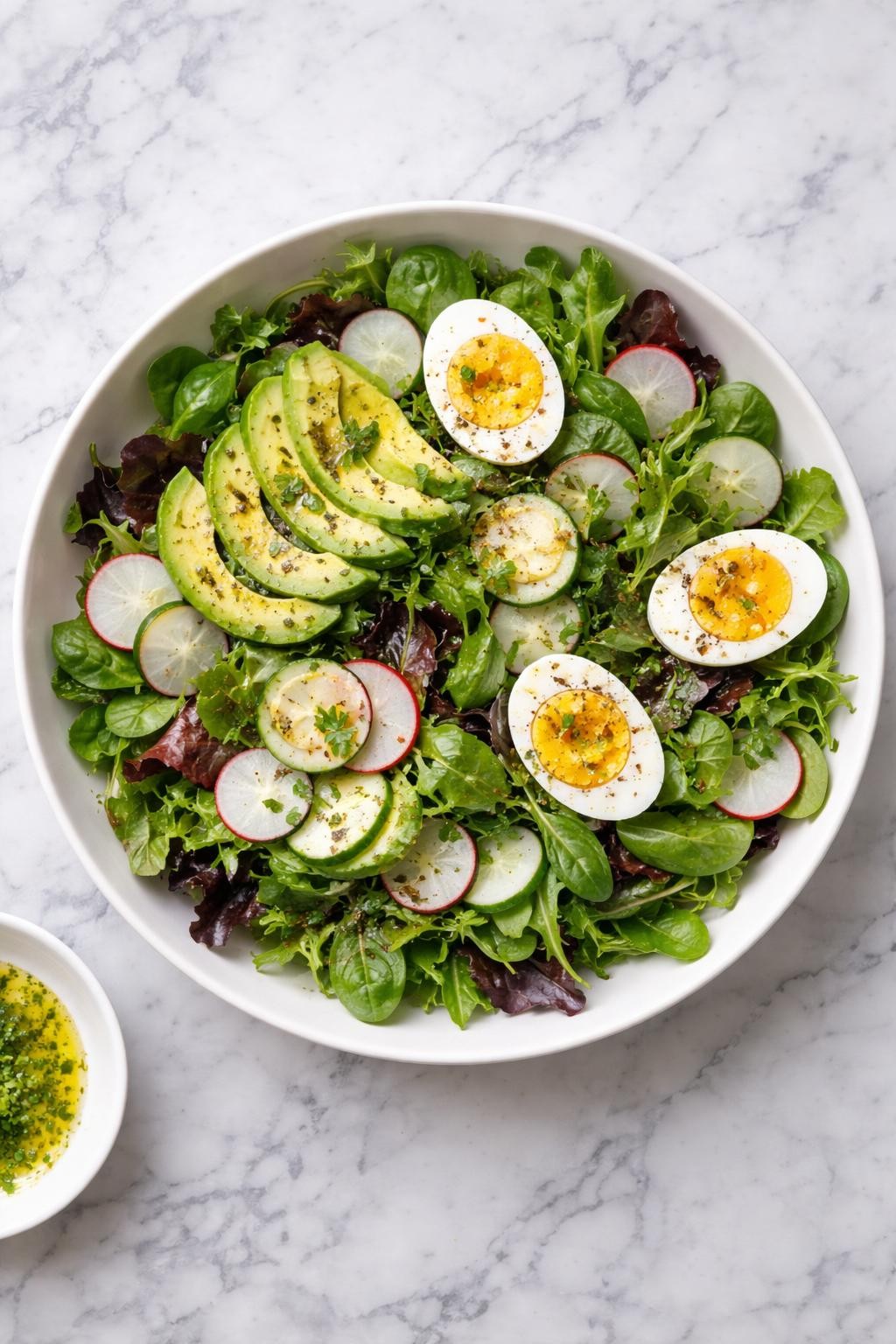Image Prompt: Realistic top-down editorial food photography of a spring mix salad with avocado and boiled eggs on a clean white and gray marble countertop, filled with mixed spring greens, sliced avocado, boiled eggs, cucumber, radishes, and simple herb dressing, fresh homemade lunch mood, soft natural daylight, clean composition, high detail, realistic food texture, no people, no hands, no text, no watermarks, no props with writing.
