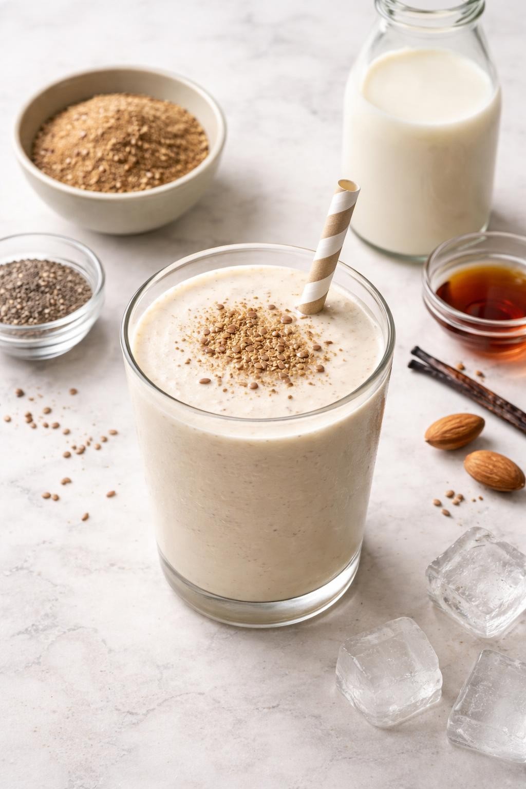 Realistic top-down editorial food photography of a vanilla flax low carb smoothie in a clear glass on a light marble countertop. The smoothie is pale cream, thick, smooth, and creamy, styled with ground flaxseed in a plain dish, almond milk, vanilla, chia seeds, and a few ice cubes nearby. Soft natural window lighting, clean simple smoothie styling, high detail, realistic creamy texture, no people, no hands, no text, no watermarks, no props with writing.