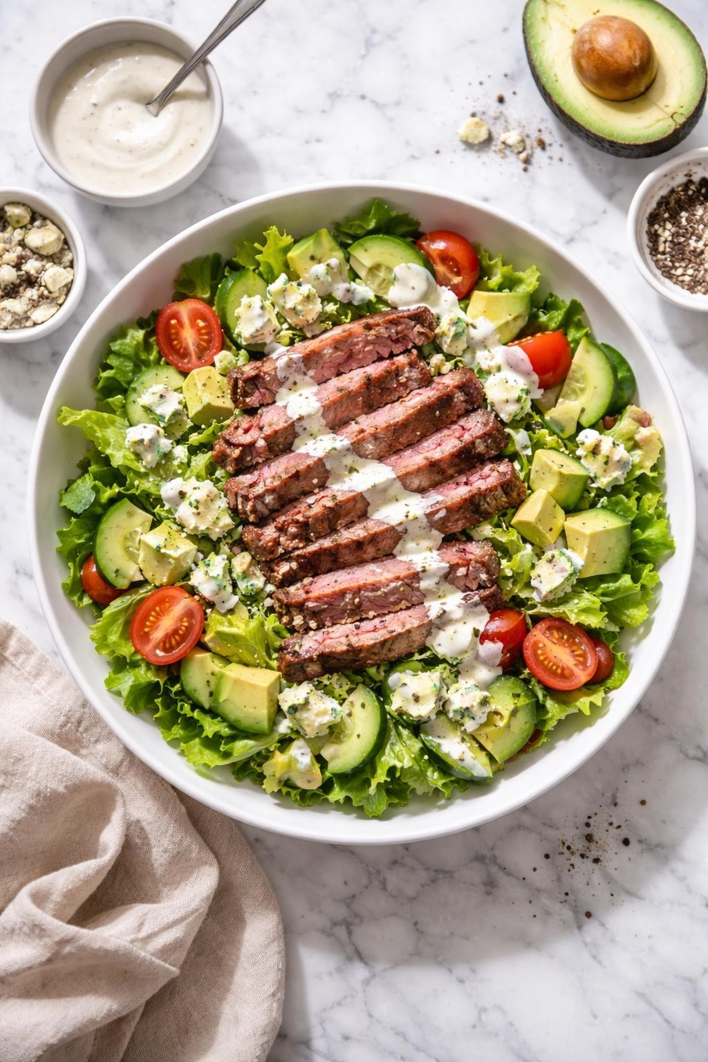 Image Prompt: Realistic top-down editorial food photography of a keto steak salad on a clean white and gray marble countertop, filled with sliced medium-cooked steak, romaine, blue cheese crumbles, avocado, cucumber, and creamy dressing, hearty restaurant-style homemade meal mood, bright natural window lighting, soft shadows, clean composition, high detail, realistic food texture, no people, no hands, no text, no watermarks, no props with writing.