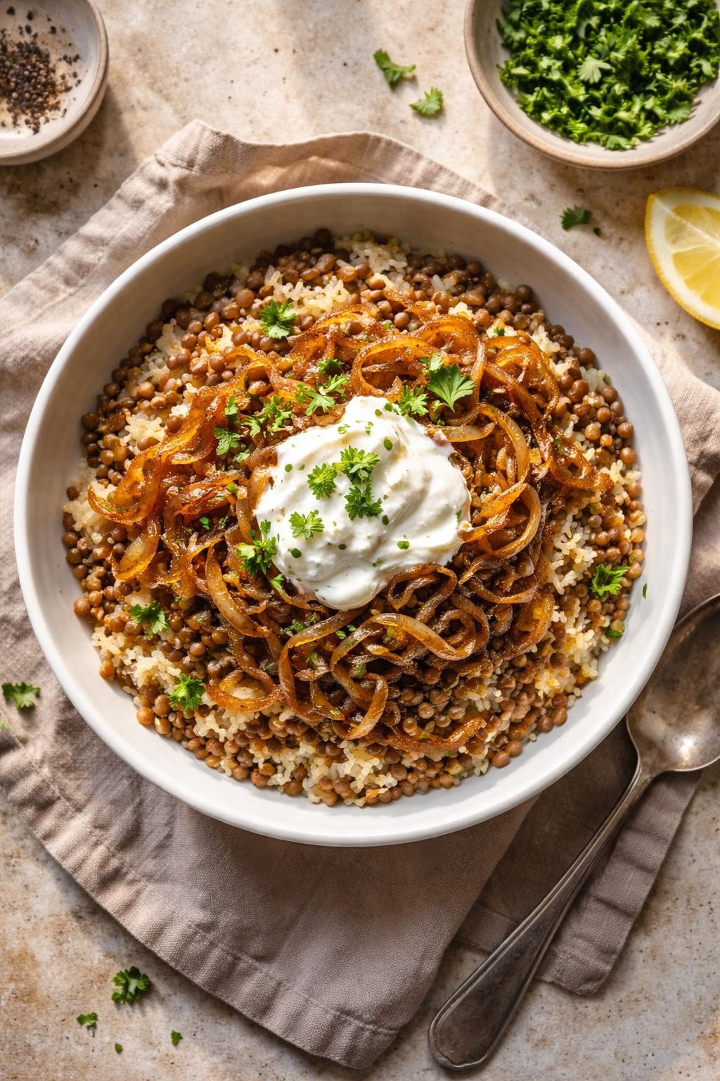 Photo prompt: Realistic top-down editorial food photography of a white bowl filled with lentils and rice, topped with caramelized onions and a dollop of plain yogurt. A sprinkle of fresh parsley. Warm natural light, budget-friendly plant-based family dinner mood, no people, no hands, no text, no watermarks, no props with writing.
