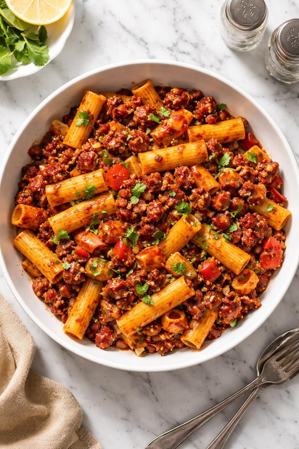 Image Prompt: Realistic top-down editorial food photography of Mexican chorizo pasta on a clean white and gray marble countertop, pasta coated in a bold tomato sauce with browned chorizo, onions, peppers, and cilantro, bright natural daylight, soft shadows, warm homemade dinner styling, high detail, realistic food texture, no people, no hands, no text, no watermarks, no props with writing.