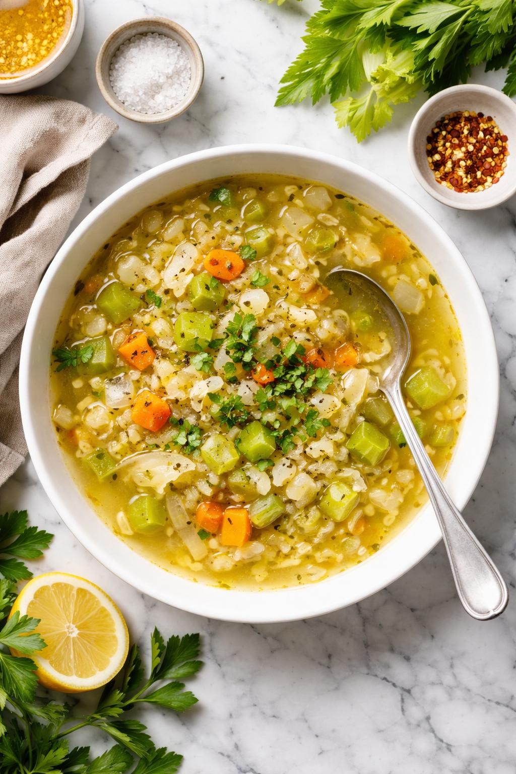 An overheard picture view of a plate of Cabbage and Celery Soup sitting on a marble countertop table in the kitchen, professional food photography style.
