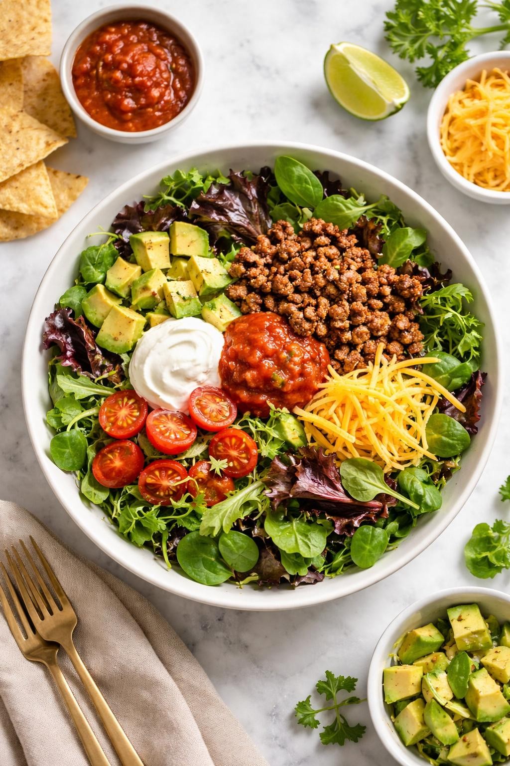Image Prompt: Realistic top-down editorial food photography of a spring mix taco salad on a white marble countertop, filled with spring mix greens, seasoned ground beef, shredded cheddar, avocado, tomatoes, sour cream, and salsa, hearty homemade dinner styling, soft natural daylight, clean editorial composition, high detail, realistic texture, no people, no hands, no text, no watermarks, no props with writing.