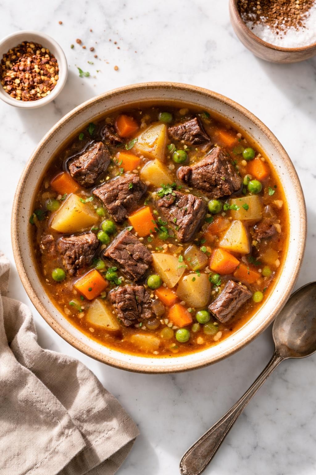 Image Prompt: Realistic top-down editorial food photography of thick beef and vegetable soup in a rustic bowl on a white marble countertop, rich brown broth with tender beef chunks, carrots, potatoes, celery, and peas, hearty homemade dinner styling, bright natural light, soft shadows, clean composition, no people, no hands, no text, no watermarks, no props with writing.
