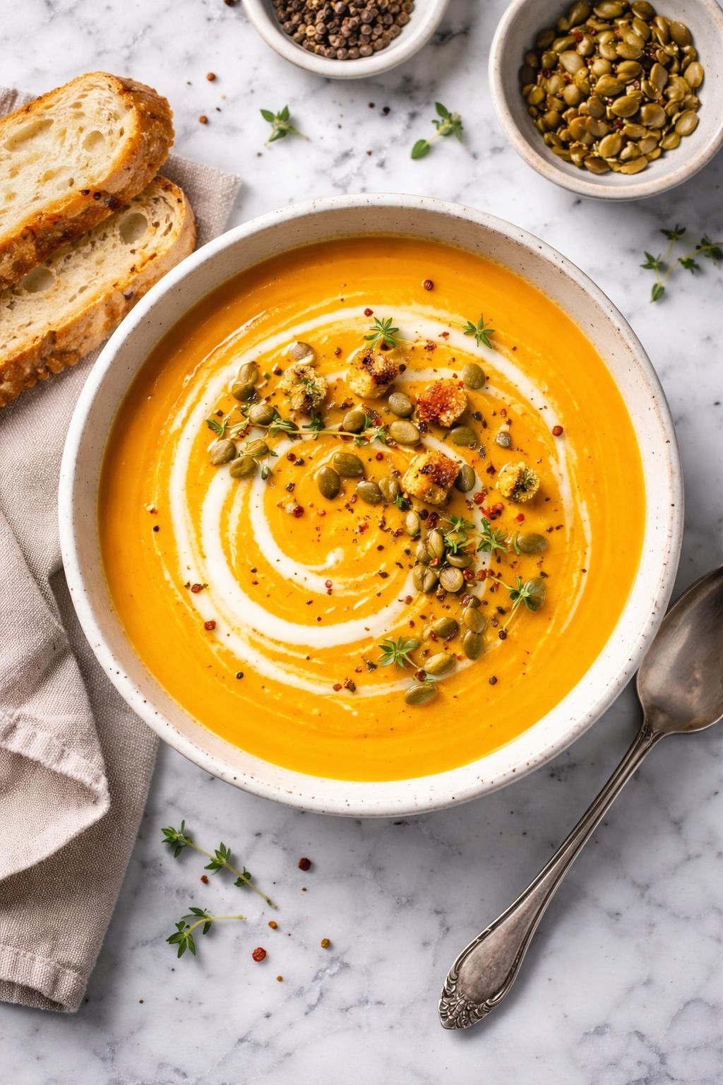 An overheard picture view of a plate of Velvety Butternut Squash Bisque sitting on a marble countertop table in the kitchen, professional food photography style.
