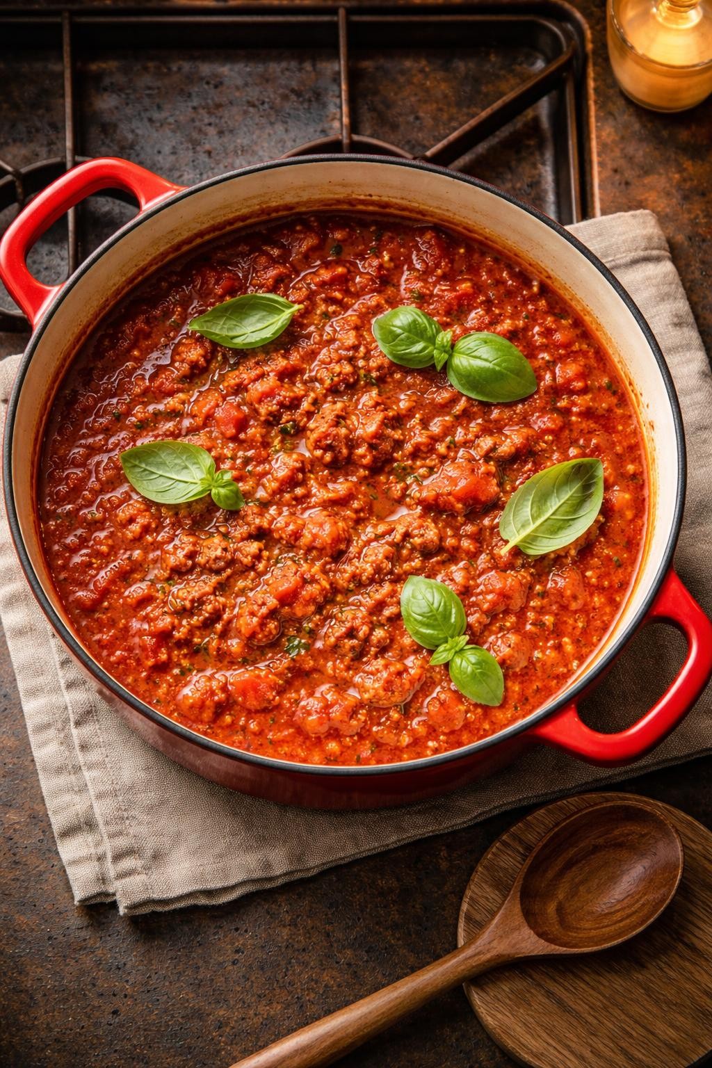 "Top-down realistic food photography of a large Dutch oven filled with chunky red marinara sauce, visible ground meat, and whole basil leaves. A wooden spoon resting on a trivet next to the pot. Warm stovetop light, old-school Sunday sauce, no people, no hands, no text, no watermarks."