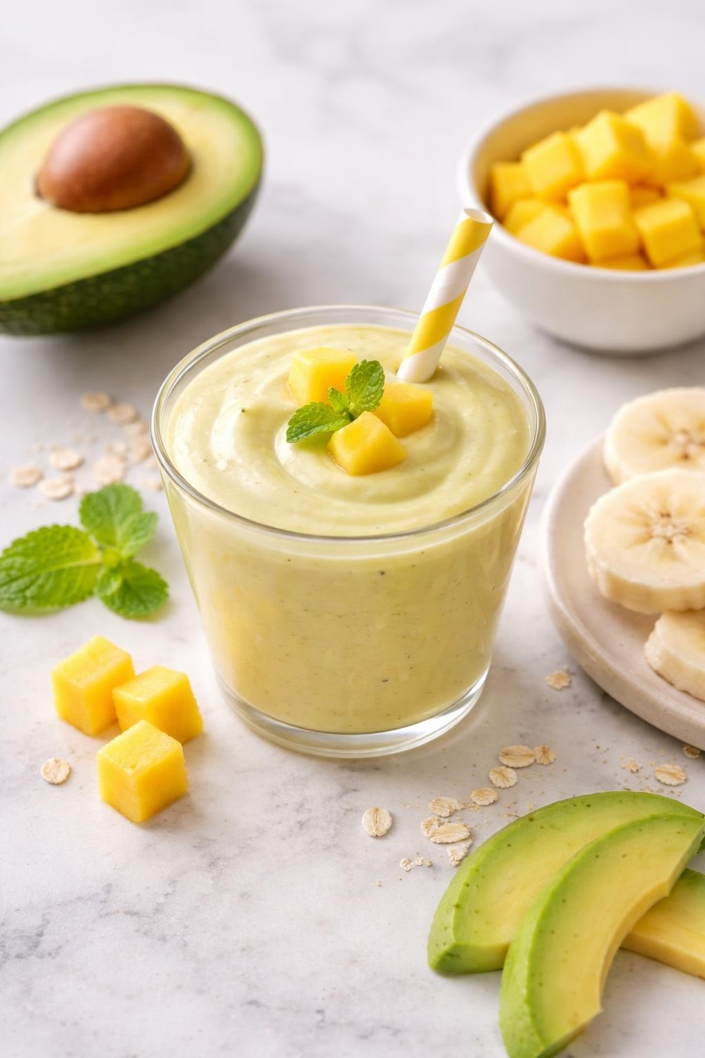 Realistic top-down editorial food photography of a creamy mango avocado toddler smoothie served in a small clear cup on a light marble countertop. The smoothie is pale yellow-green, thick, smooth, and creamy, styled with mango cubes, avocado slices, and a few banana rounds nearby. Soft natural window lighting, clean toddler snack styling, high detail, realistic smoothie texture, no people, no hands, no text, no watermarks, no props with writing.