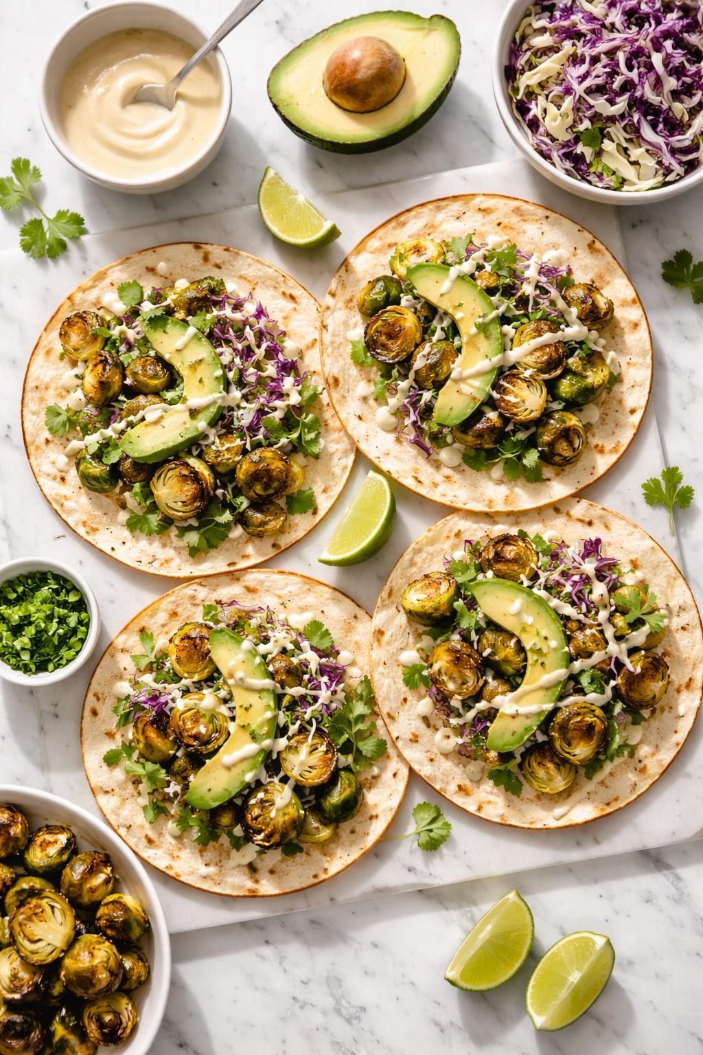 Image Prompt: Top-down realistic editorial food photography of homemade vegan Brussels sprout tacos on a clean white marble countertop, warm tortillas filled with crispy roasted Brussels sprouts, avocado slices, shredded cabbage, and a drizzle of creamy sauce, bright fresh homemade dinner mood, natural daylight, soft shadows, clean composition, high detail, no people, no hands, no text, no watermarks, no props with writing.
