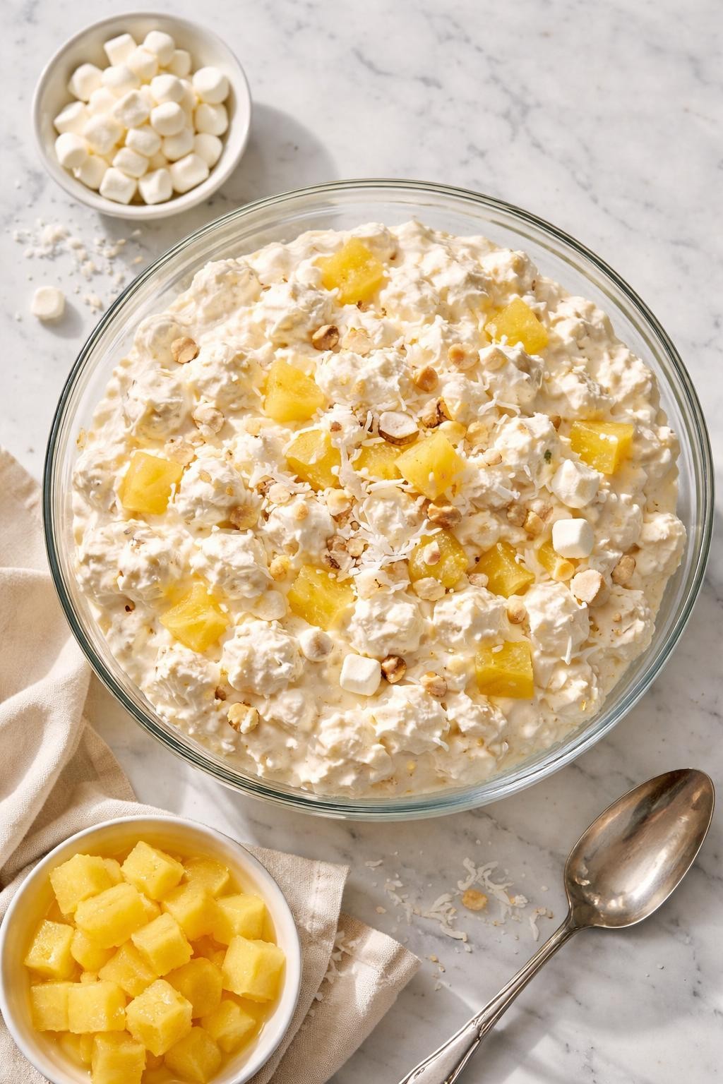 Image Prompt: Realistic top-down editorial food photography of coconut cream fluff salad in a clear bowl on a white marble countertop, creamy white fluff with shredded coconut, pineapple, mini marshmallows, and whipped topping, soft homemade potluck dessert styling, bright natural daylight, soft shadows, clean editorial styling, high detail, realistic texture, no people, no hands, no text, no watermarks, no props with writing.