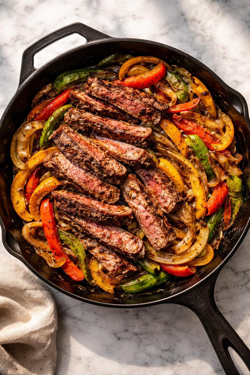 Image Prompt: Realistic top-down editorial food photography of a Mexican steak and pepper skillet on a white and gray marble countertop, sliced steak cooked with onions, colorful peppers, and bold spices in a cast iron pan, warm natural light, hearty homemade dinner mood, no people, no hands, no text, no watermarks, no props with writing.