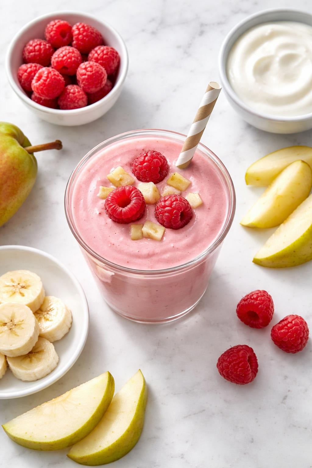 Realistic top-down editorial food photography of a raspberry pear toddler smoothie served in a small clear cup on a clean white marble countertop. The smoothie is soft pink, smooth, and creamy, styled with raspberries, soft pear slices, banana rounds, and a plain bowl of yogurt nearby. Bright natural daylight, clean fruity snack styling, realistic smoothie texture, high detail, no people, no hands, no text, no watermarks, no props with writing.