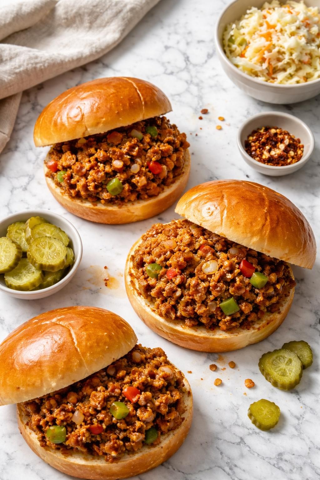 Image Prompt: Top-down realistic editorial food photography of homemade vegan TVP sloppy joes on a clean white and gray marble countertop, toasted sandwich buns filled with saucy seasoned TVP mixture, visible onions and bell peppers in the filling, one sandwich slightly open to show the texture, cozy homemade dinner mood, natural window lighting, soft shadows, clean composition, high detail, no people, no hands, no text, no watermarks, no props with writing.