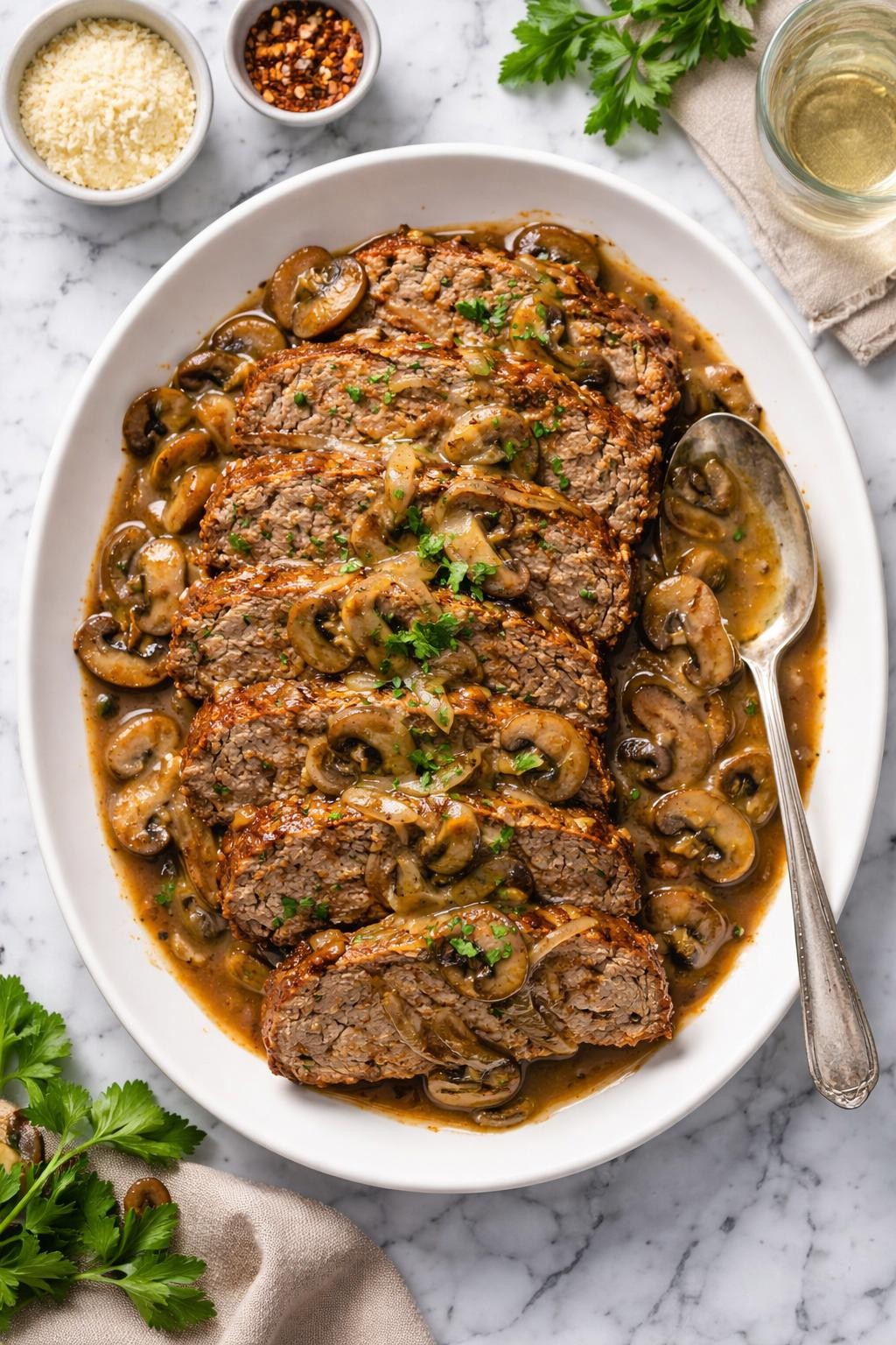 An overheard picture view of a plate of sitting on a marble countertop table in the kitchen, professional food photography style.Italian Meatloaf with Mushroom and Onion Sauce