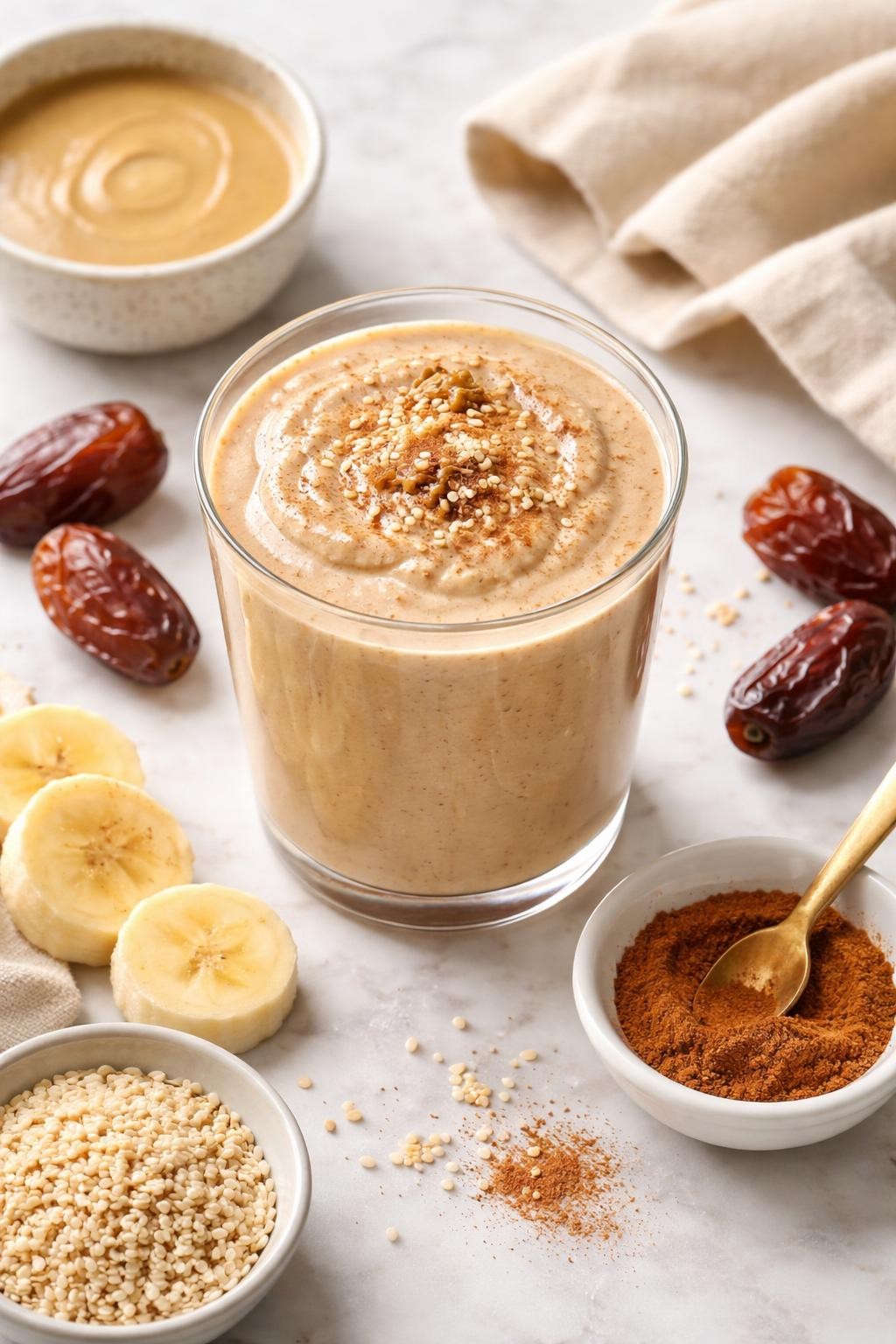 Realistic top-down editorial food photography of a cinnamon tahini date smoothie served in a clear glass on a light marble countertop. The smoothie is creamy beige, thick, smooth, and glossy, styled with pitted dates, tahini in a plain small dish, cinnamon, banana slices, and sesame seeds nearby. Soft natural window lighting, clean nutty smoothie styling, high detail, realistic creamy texture, no people, no hands, no text, no watermarks, no props with writing.