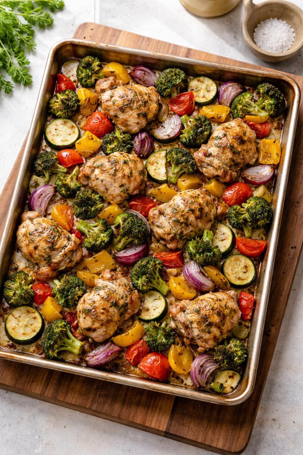 Prompt: Realistic top-down editorial food photography of a large sheet pan loaded with chopped bell peppers, red onions, broccoli florets, zucchini rounds, and boneless chicken thighs tossed in olive oil and herbs. The vegetables are slightly caramelized at the edges, the chicken is golden brown. The pan sits on a wooden cutting board with a small bowl of coarse salt nearby. Soft natural light from a window, clean kitchen background, warm and organized meal prep mood, no people, no hands, no text, no watermarks, no props with writing.