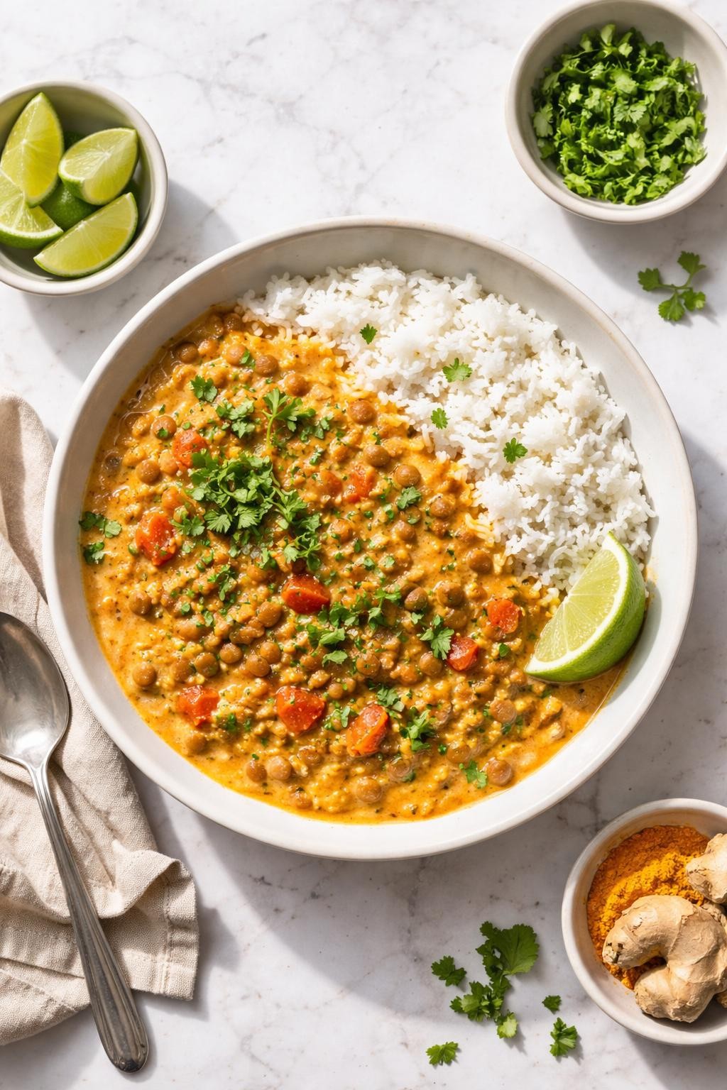 Image Prompt: Realistic top-down editorial food photography of vegan coconut lentil curry in a shallow bowl on a white marble countertop, soft lentils in a creamy golden coconut curry sauce with tomatoes, garlic, ginger, and cilantro, served with rice, cozy homemade Indian comfort food mood, bright natural daylight, soft shadows, clean editorial composition, high detail, realistic texture, no people, no hands, no text, no watermarks, no props with writing.