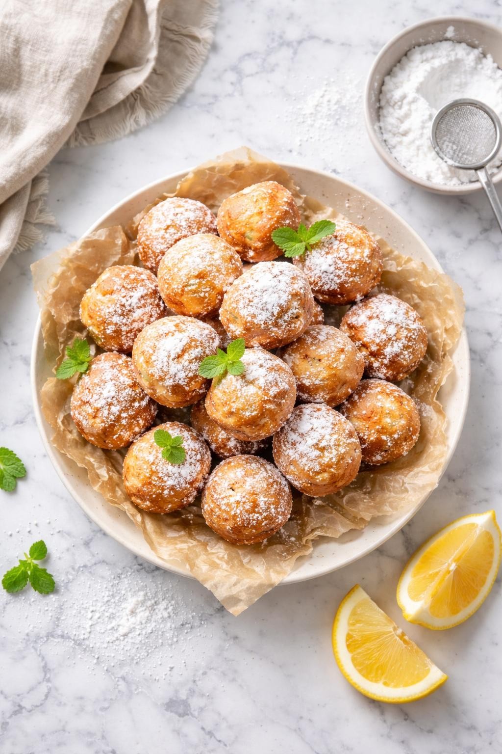 An overheard picture view of a plate of Zeppole sitting on a marble countertop table in the kitchen, professional food photography style.