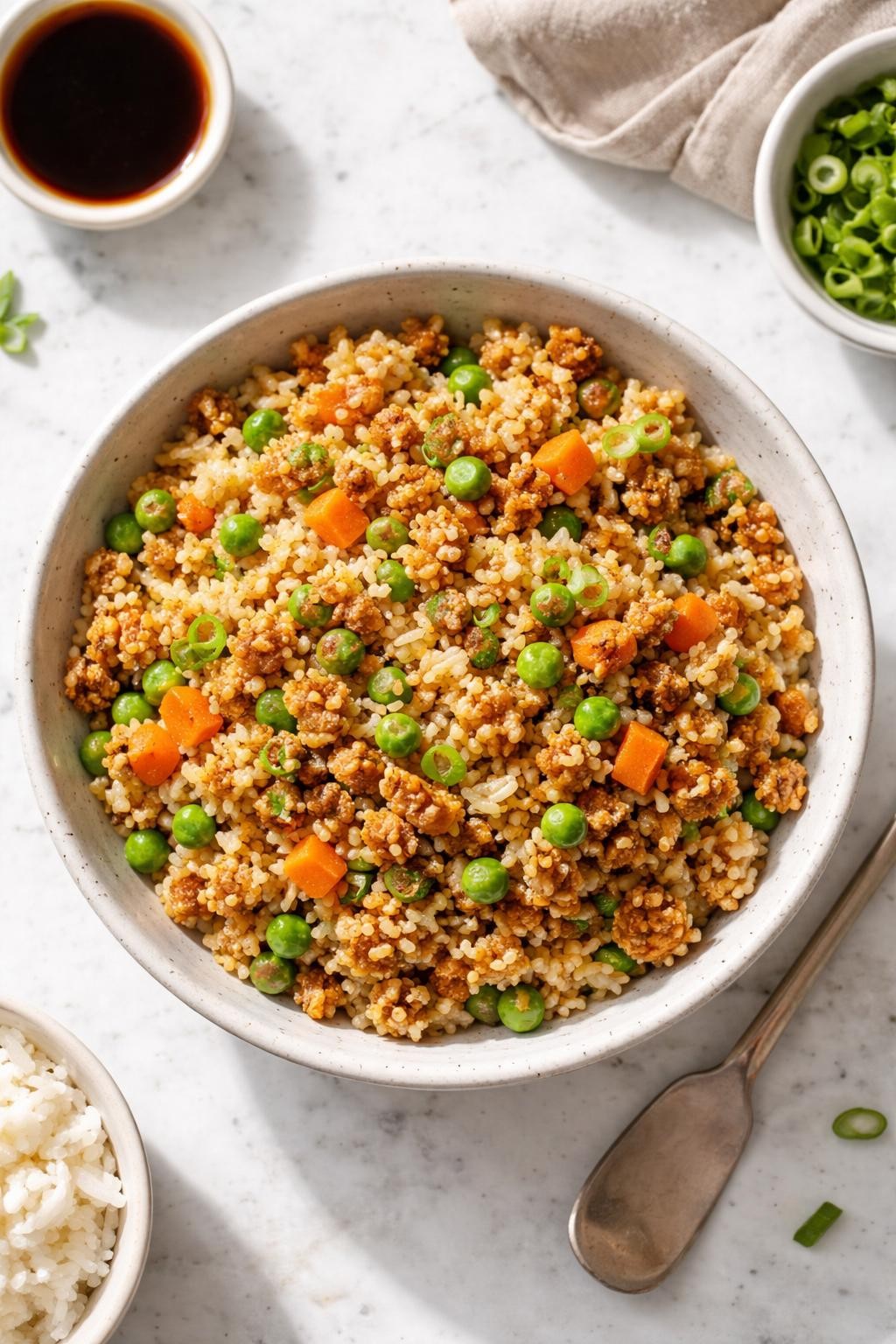 Image Prompt: Top-down realistic editorial food photography of vegan TVP fried rice on a clean white marble countertop, fluffy rice stir-fried with seasoned TVP, peas, carrots, green onions, and soy sauce in a simple bowl, warm homemade dinner mood, bright natural daylight, soft shadows, clean editorial composition, high detail, no people, no hands, no text, no watermarks, no props with writing.