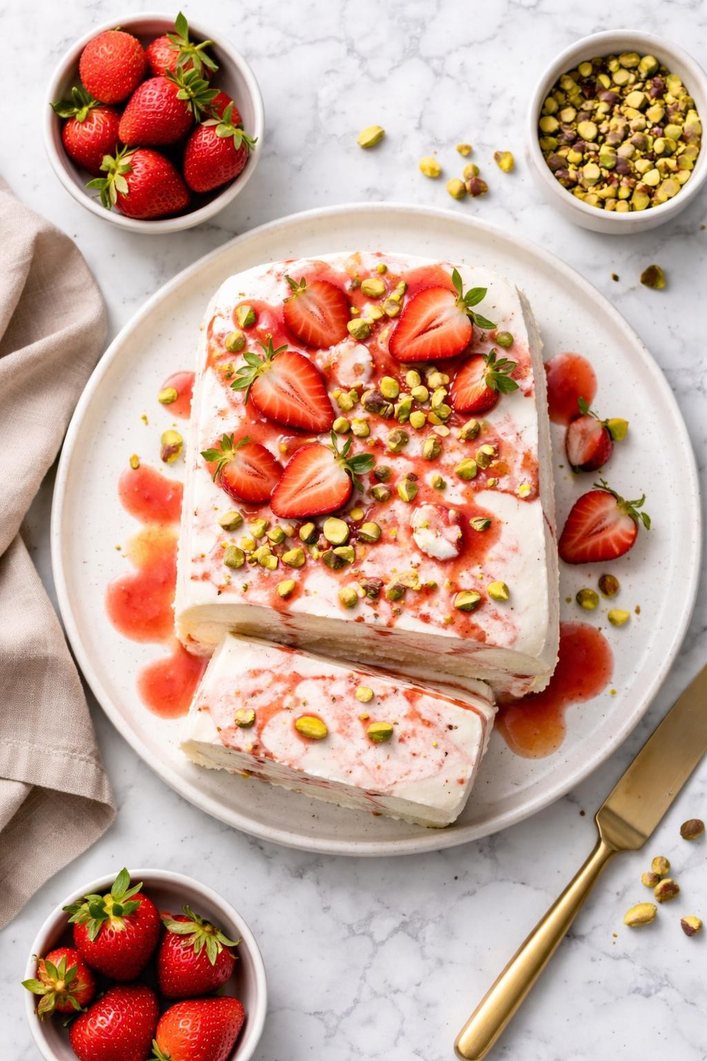 An overheard picture view of a plate of Semifreddo sitting on a marble countertop table in the kitchen, professional food photography style.