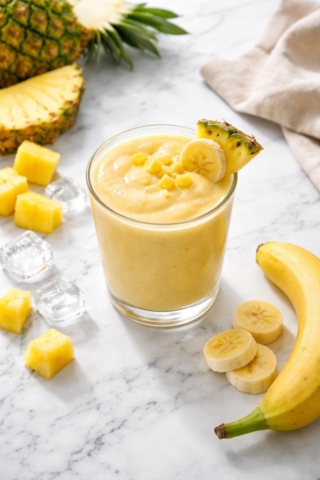 Realistic top-down editorial food photography of a creamy pineapple banana smoothie served in a clear glass on a clean white and gray marble countertop. The smoothie is pale yellow, thick, smooth, and fresh-looking, with pineapple chunks, banana slices, and a few ice cubes styled neatly nearby. Bright natural window lighting, soft shadows, clean tropical breakfast styling, high detail, realistic smoothie texture, no people, no hands, no text, no watermarks, no props with writing.