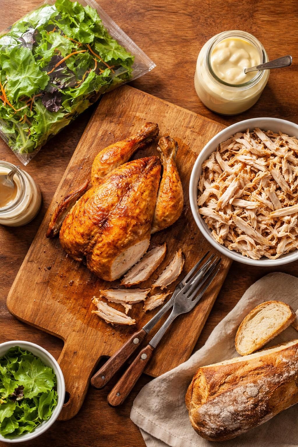 Prompt: Realistic top-down editorial food photography of a golden-brown rotisserie chicken on a cutting board, with shredded meat piled in a bowl beside it. A bag of pre-washed salad greens, a jar of mayonnaise, and a loaf of bread are nearby. The scene suggests multiple meals from one chicken. Warm grocery-store-chicken glow, practical and time-saving mood, no people, no hands, no text, no watermarks, no props with writing.