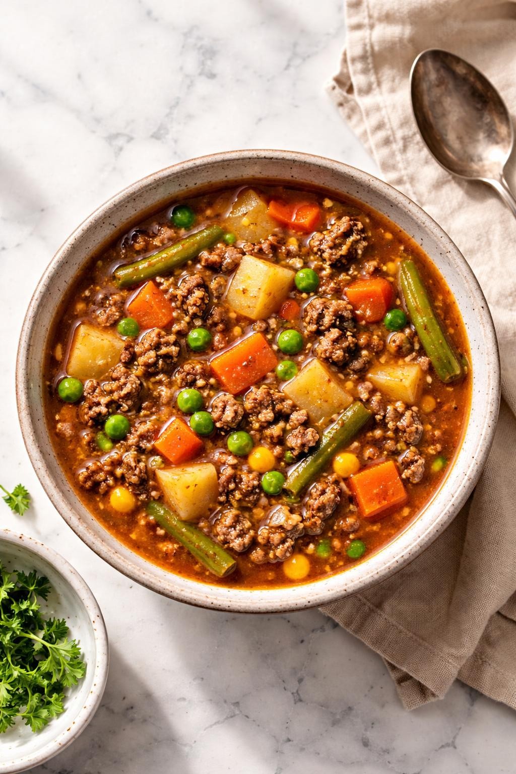 Image Prompt: Realistic top-down editorial food photography of hamburger soup with mixed vegetables in a rustic bowl on a white marble countertop, rich broth with browned ground beef, peas, corn, carrots, green beans, and potatoes, warm homemade comfort food mood, natural daylight, soft shadows, no people, no hands, no text, no watermarks, no props with writing.