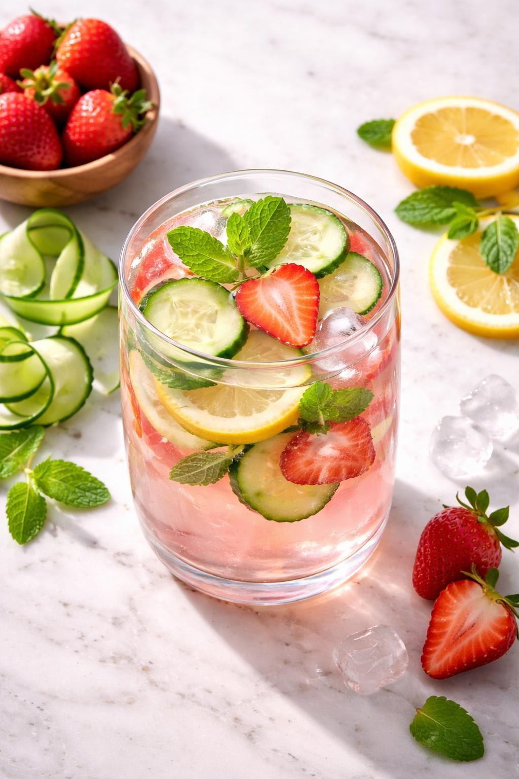 Prompt: A realistic top-down editorial food photography shot of a refreshing best skin detox drink served in a clear glass filled with pale pink cucumber strawberry coconut water, thin cucumber slices, strawberry slices, lemon rounds, fresh mint leaves, and ice cubes. The glass is sitting on a countertop marble table with soft natural morning light, extra strawberries, cucumber ribbons, lemon slices, and mint leaves arranged neatly nearby, clean fresh beauty drink mood, no people, no hands, no text, no watermarks, no props with writing.