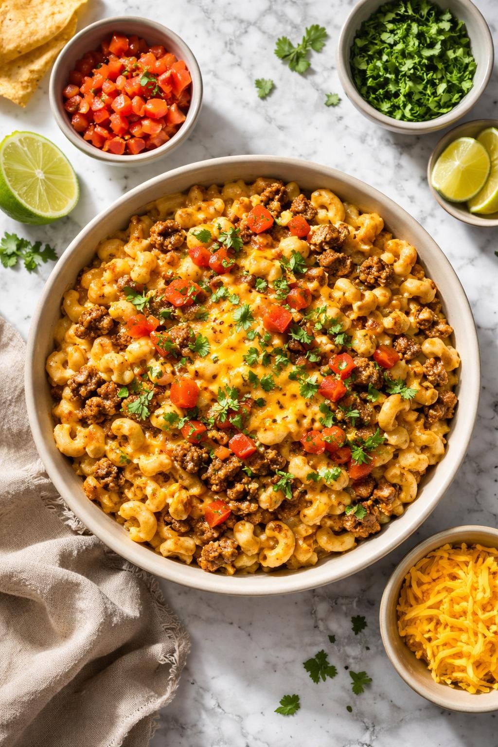 Image Prompt: Realistic top-down editorial food photography of Mexican mac and cheese in a bowl on a clean white and gray marble countertop, creamy macaroni with melted cheese, taco-seasoned beef, diced tomatoes, and chopped cilantro, bright natural light, soft shadows, cozy homemade dinner styling, high detail, realistic food texture, no people, no hands, no text, no watermarks, no props with writing.