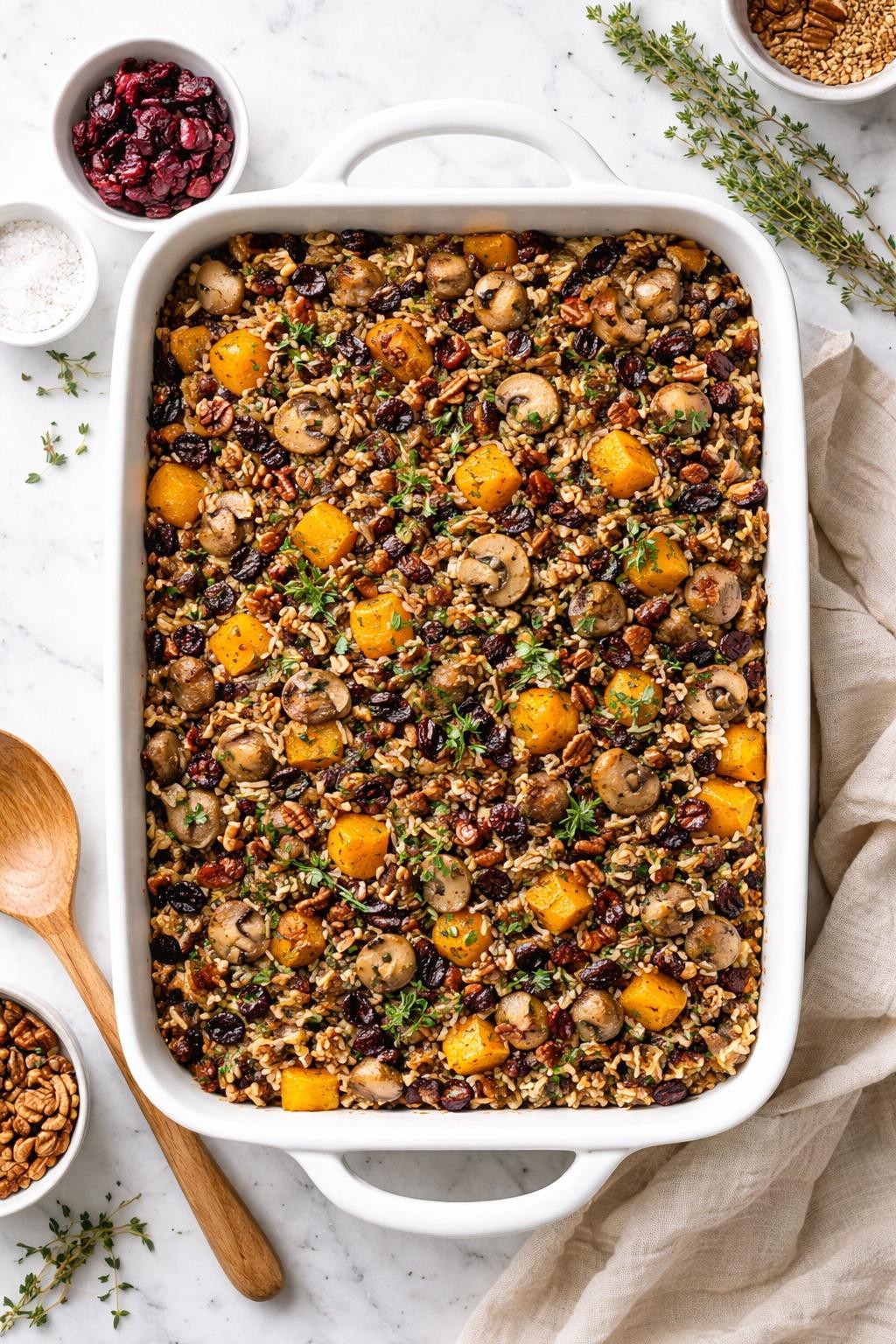 Image Prompt: Top-down realistic editorial food photography of vegan harvest rice bake on a clean white marble countertop, baked wild rice casserole with mushrooms, squash, cranberries, and herbs in a festive white dish, cozy homemade Thanksgiving dinner styling, bright natural daylight, clean editorial composition, high detail, no people, no hands, no text, no watermarks, no props with writing.