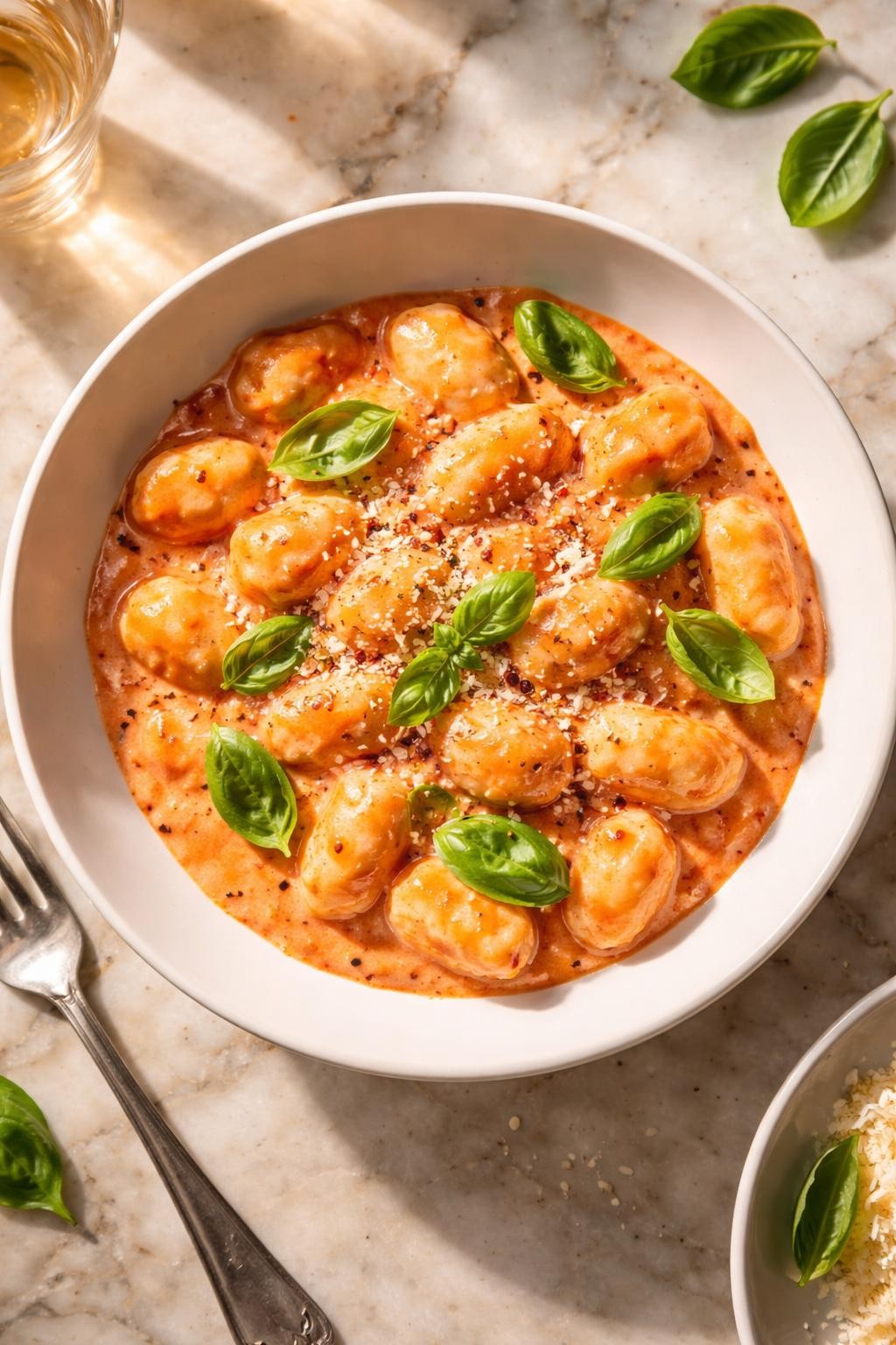 Image Prompt: Top-down realistic food photography of gnocchi in creamy tomato sauce in a white bowl on a marble countertop, soft potato gnocchi coated in pink tomato cream sauce with parmesan and basil, warm natural light, cozy Italian dinner mood, no people, no hands, no text, no watermarks, no props with writing.