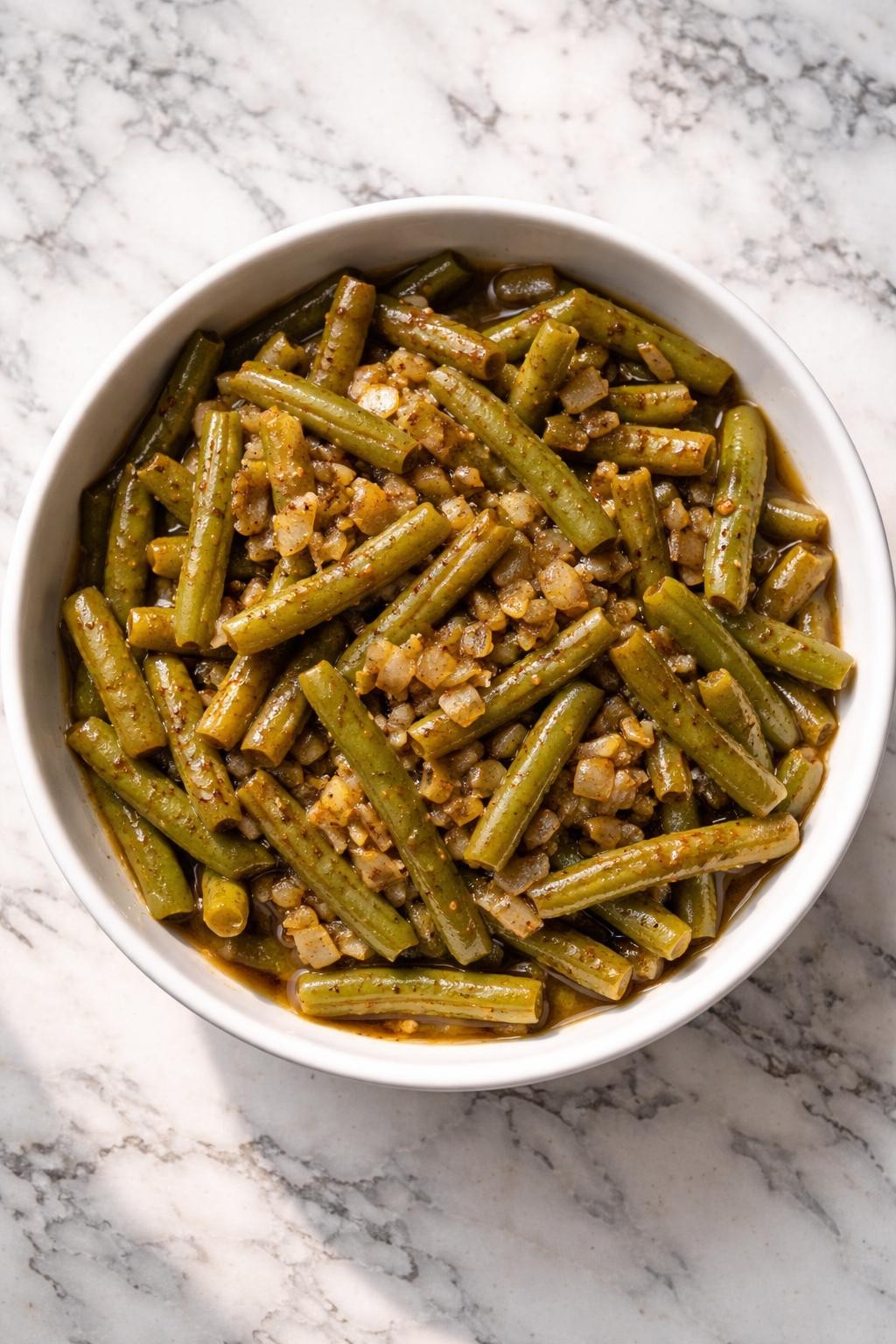Image Prompt: Top-down realistic food photography of vegan Southern green beans in a white serving bowl on a clean white and gray marble countertop, tender green beans cooked with onion and smoky seasonings, warm natural daylight, cozy homemade soul food side mood, no people, no hands, no text, no watermarks, no props with writing.