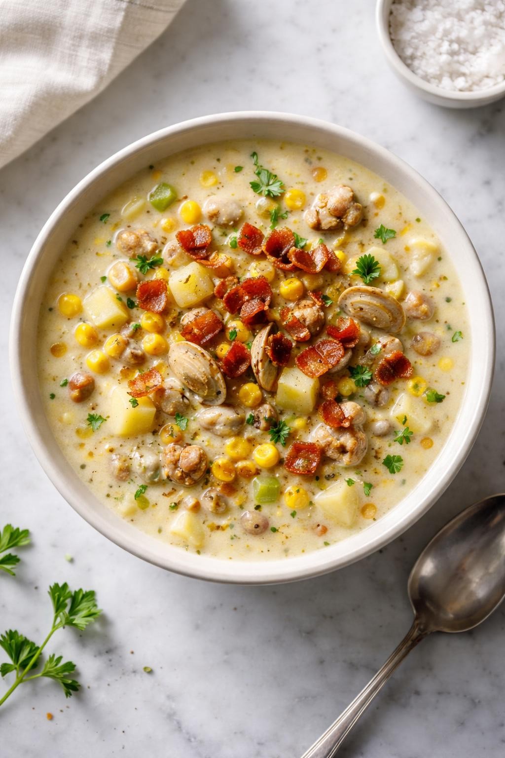 Prompt: Top-down realistic editorial food photography of a bowl of clam and corn bacon chowder on a clean white and gray marble countertop, creamy chowder filled with chopped clams, sweet corn kernels, diced potatoes, onion, celery, and crispy bacon pieces on top, thick pale broth with a rich homemade look, simple neutral bowl, cozy soup mood, bright natural window lighting, soft shadows, clean composition, high detail, realistic food texture, no people, no hands, no text, no watermarks, no props with writing.