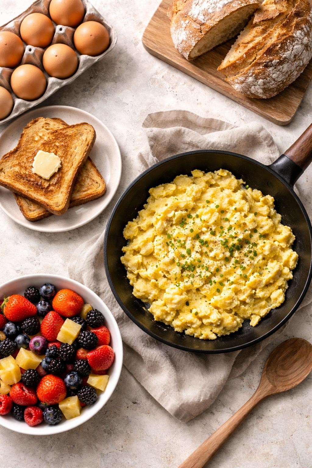 Photo prompt: Realistic top-down editorial food photography of a skillet with scrambled eggs, a plate of toast, and a bowl of fresh fruit. A carton of eggs and a loaf of bread in the background. Soft natural light, last-minute dinner solution mood, no people, no hands, no text, no watermarks, no props with writing.
