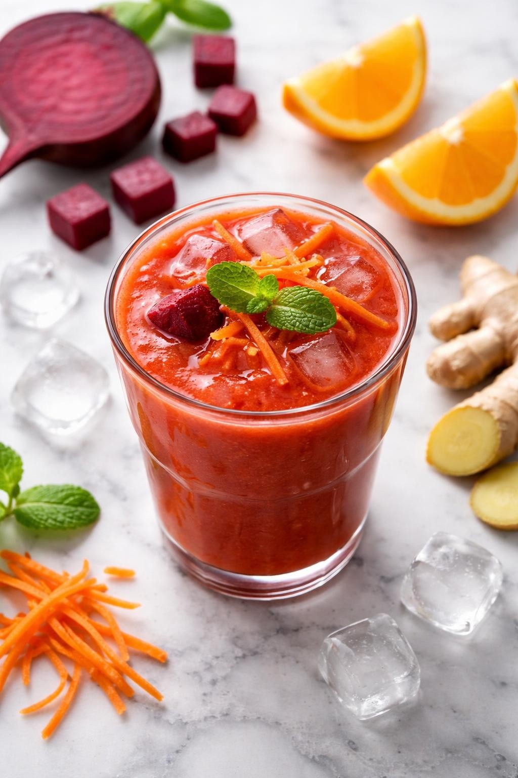 Realistic top-down food photography of a beet carrot smoothie served in a clear glass on a clean white and gray marble countertop. The smoothie is deep orange-red, smooth, thick, and fresh-looking, styled with beet cubes, shredded carrot, orange slices, ginger, and a few ice cubes nearby. Bright natural daylight, clean healthy smoothie styling, realistic texture, high detail, no people, no hands, no text, no watermarks, no props with writing.
