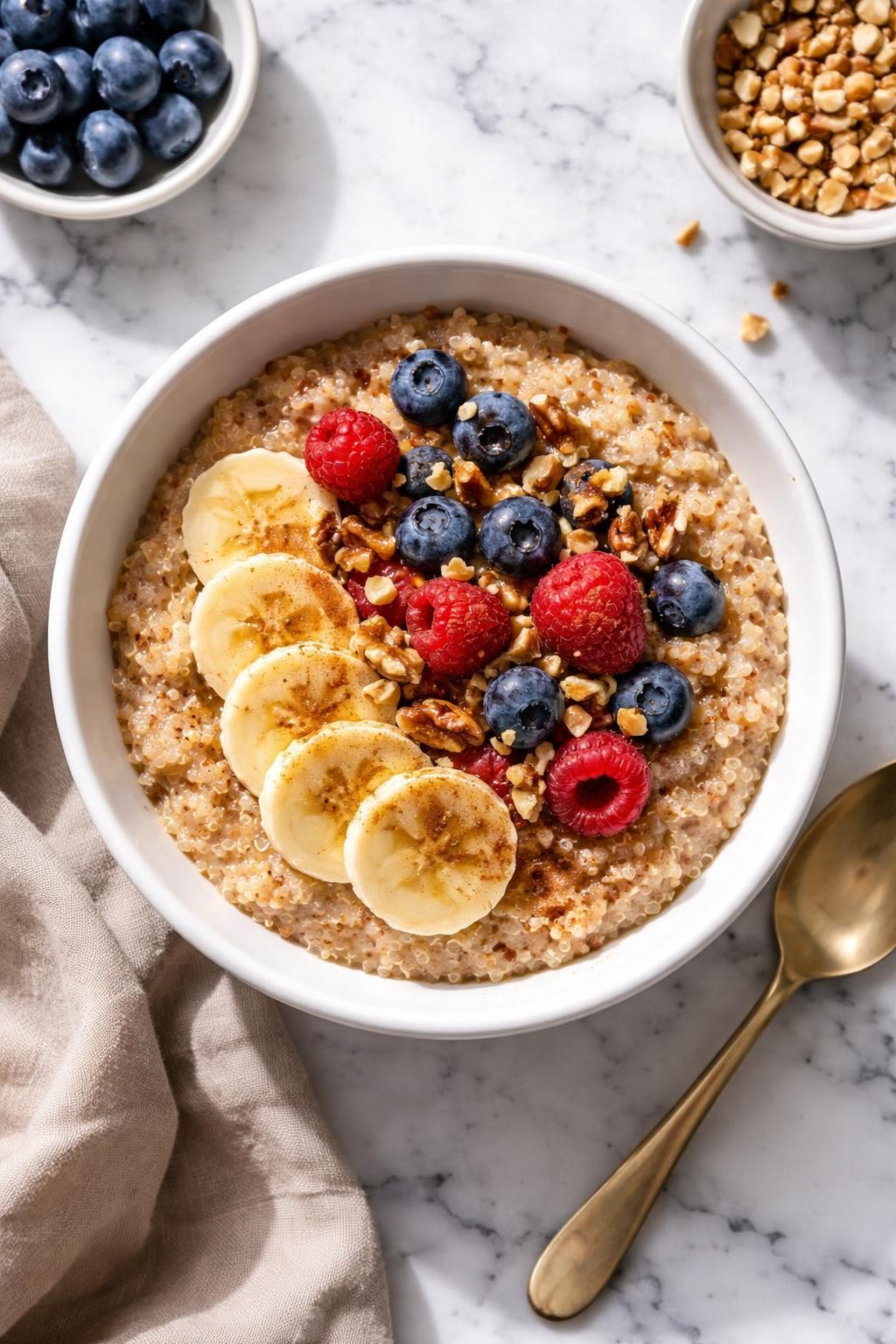 Image Prompt: Top-down realistic editorial food photography of quinoa breakfast porridge in a white bowl on a clean white and gray marble countertop, soft quinoa cooked into a creamy breakfast bowl and topped with banana slices, berries, cinnamon, and chopped nuts, cozy homemade vegan breakfast styling, bright natural light, soft shadows, high detail, no people, no hands, no text, no watermarks, no props with writing.