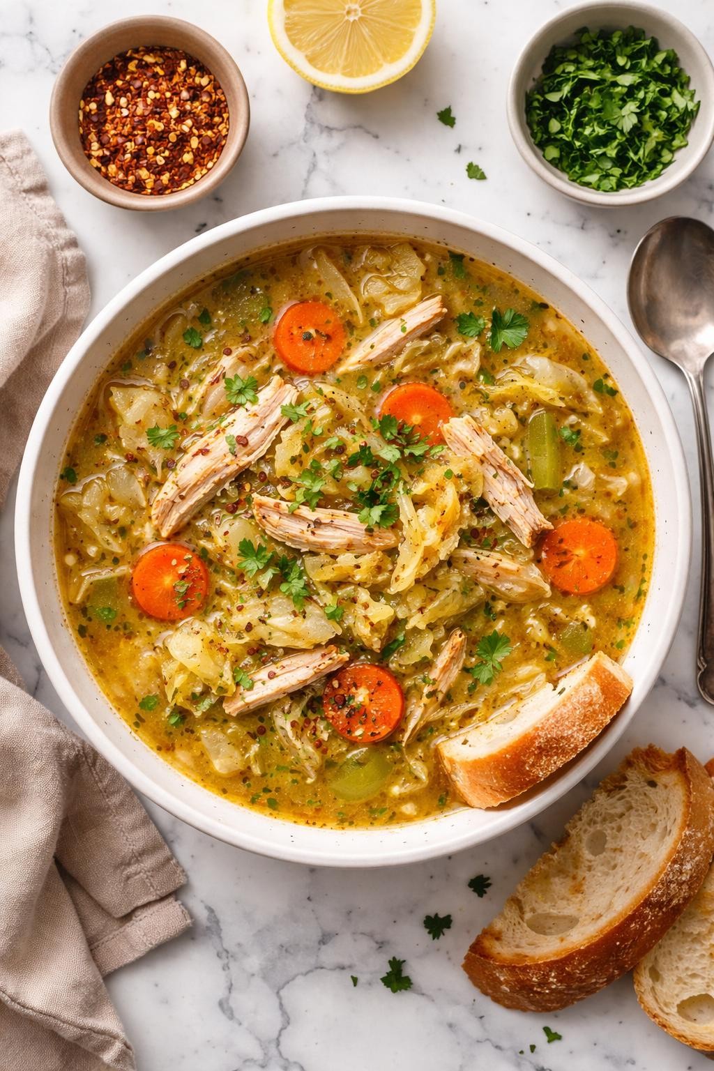 An overheard picture view of a plate of Chicken and Cabbage Soup sitting on a marble countertop table in the kitchen, professional food photography style.