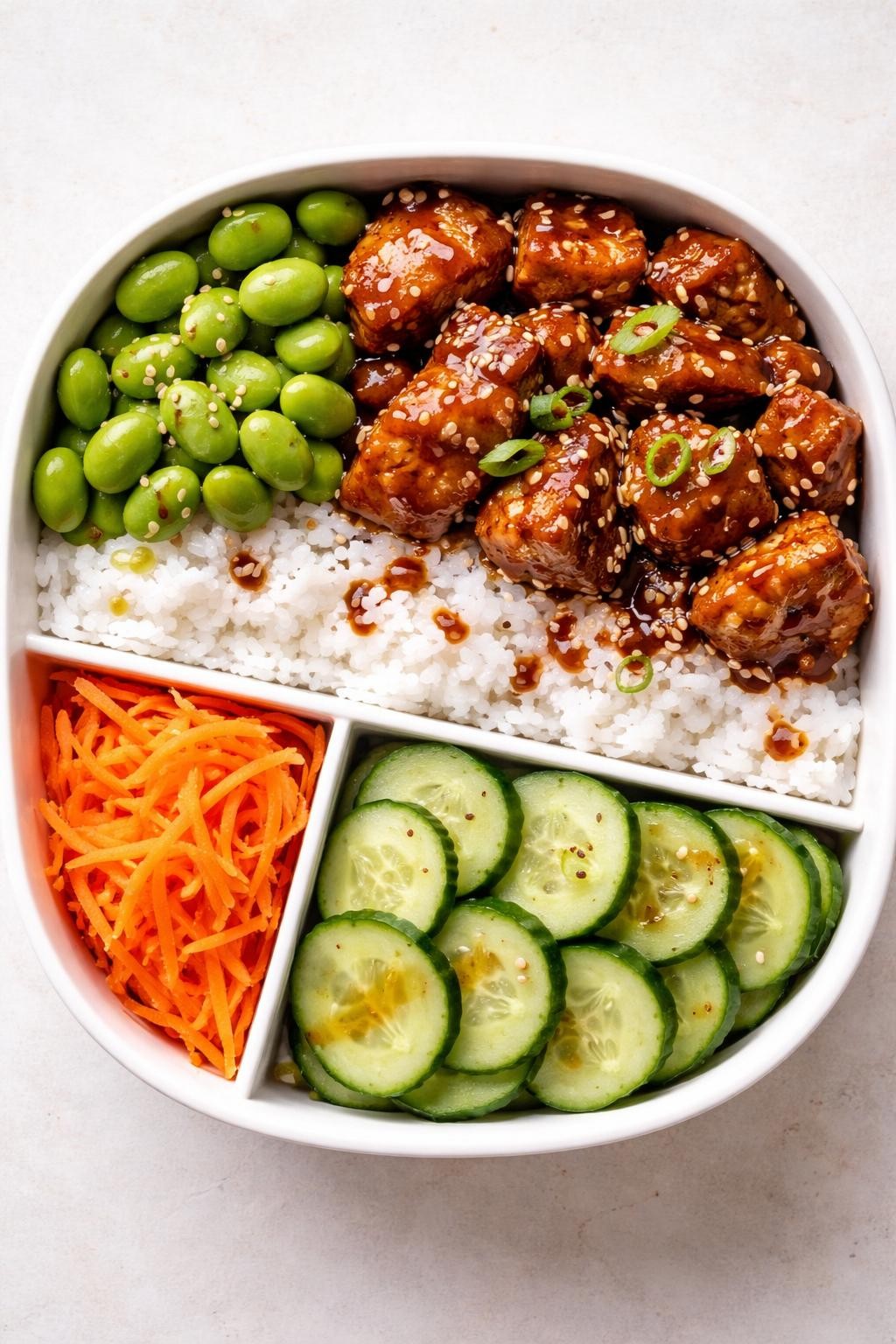 "Top-down realistic photo of a divided container with fluffy white rice, teriyaki-glazed chicken thigh pieces, steamed edamame beans, shredded carrots, and sliced cucumber. A small drizzle of extra teriyaki sauce. Bright natural light, sweet and savory Japanese-style prep, no people, no hands, no text, no watermarks."