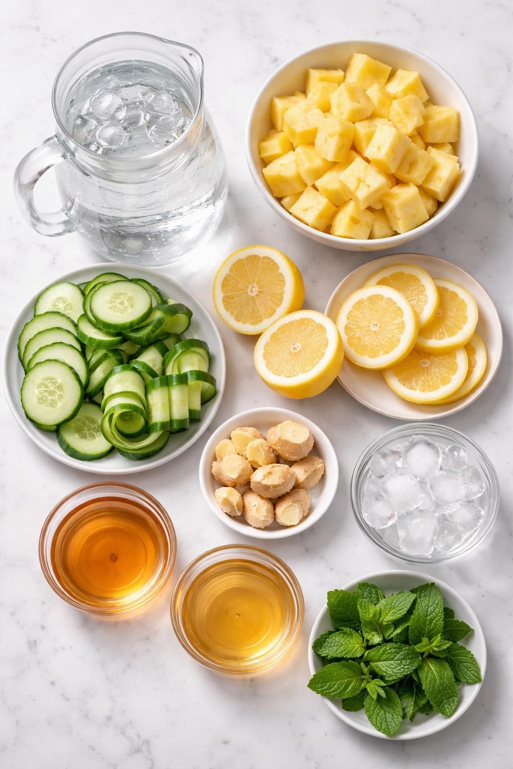 Prompt: A realistic top-down flat lay food photography shot of all ingredients for a best body cleanse detox drink arranged neatly on a countertop marble table: cold water in a clear glass pitcher, fresh pineapple chunks, thin cucumber slices and cucumber ribbons, fresh lemon halves and lemon rounds, peeled fresh ginger pieces, fresh mint leaves, honey in a small clear bowl, apple cider vinegar in a small clear bowl, and ice cubes in a small clear bowl. Clean natural lighting, fresh drink styling, neat composition, no people, no hands, no text, no watermarks, no props with writing.