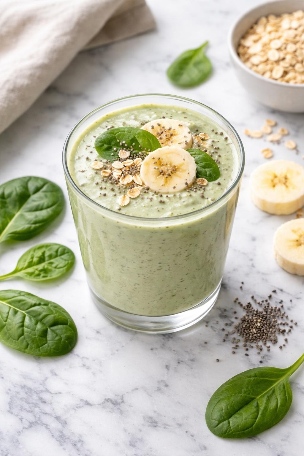 Realistic top-down food photography of a thick oatmeal green breakfast smoothie in a clear glass on a white and gray marble countertop. The smoothie is pale green and creamy, styled with rolled oats, banana slices, spinach leaves, and a small sprinkle of chia seeds nearby. Bright natural window light, clean breakfast mood, realistic thick smoothie texture, high detail, no people, no hands, no text, no watermarks, no props with writing.
