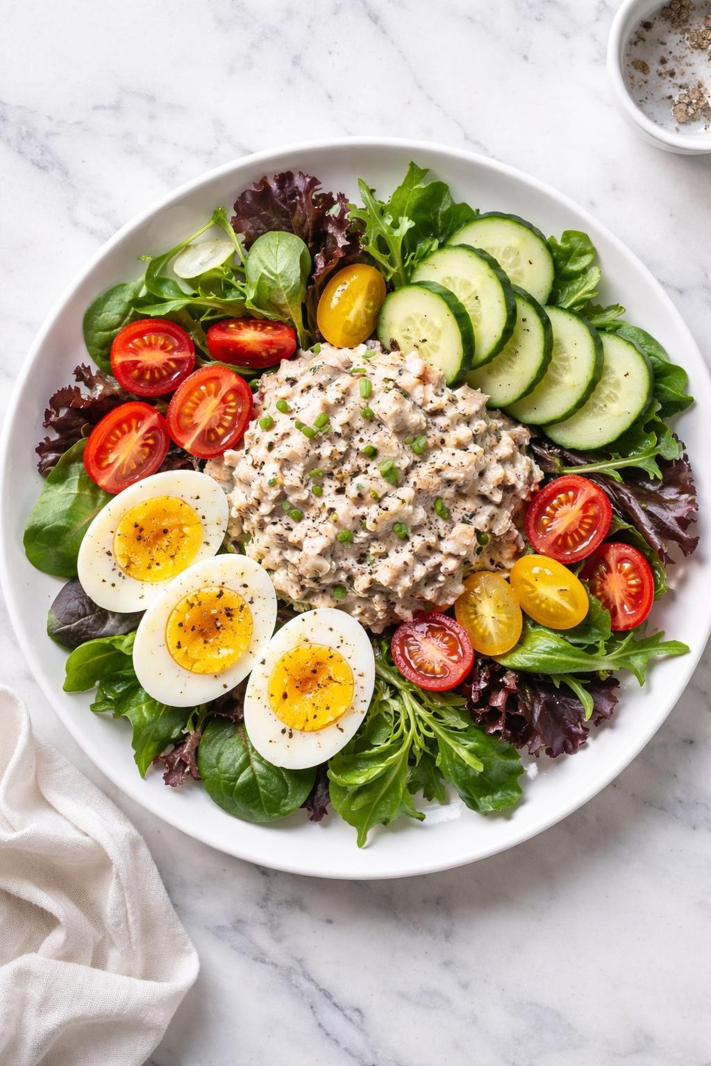 Image Prompt: Realistic top-down editorial food photography of a spring mix tuna salad plate on a clean white and gray marble countertop, filled with spring mix greens, creamy tuna salad, cucumber, boiled eggs, and cherry tomatoes, simple homemade lunch styling, soft natural daylight, clean composition, high detail, realistic food texture, no people, no hands, no text, no watermarks, no props with writing.