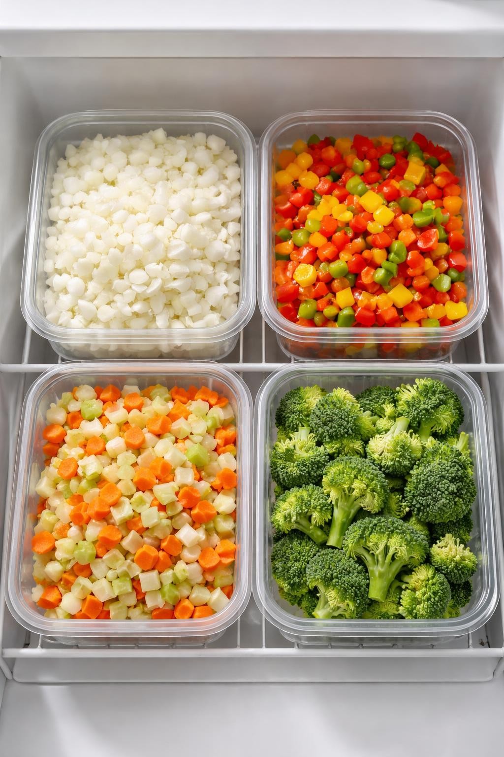Photo prompt: Realistic top-down editorial food photography of a refrigerator shelf with store-bought containers of pre-chopped onions, bell peppers, mirepoix (carrots, celery, onion), and broccoli florets. Soft natural light, time-saving grocery shortcut mood, no people, no hands, no text, no watermarks, no props with writing.