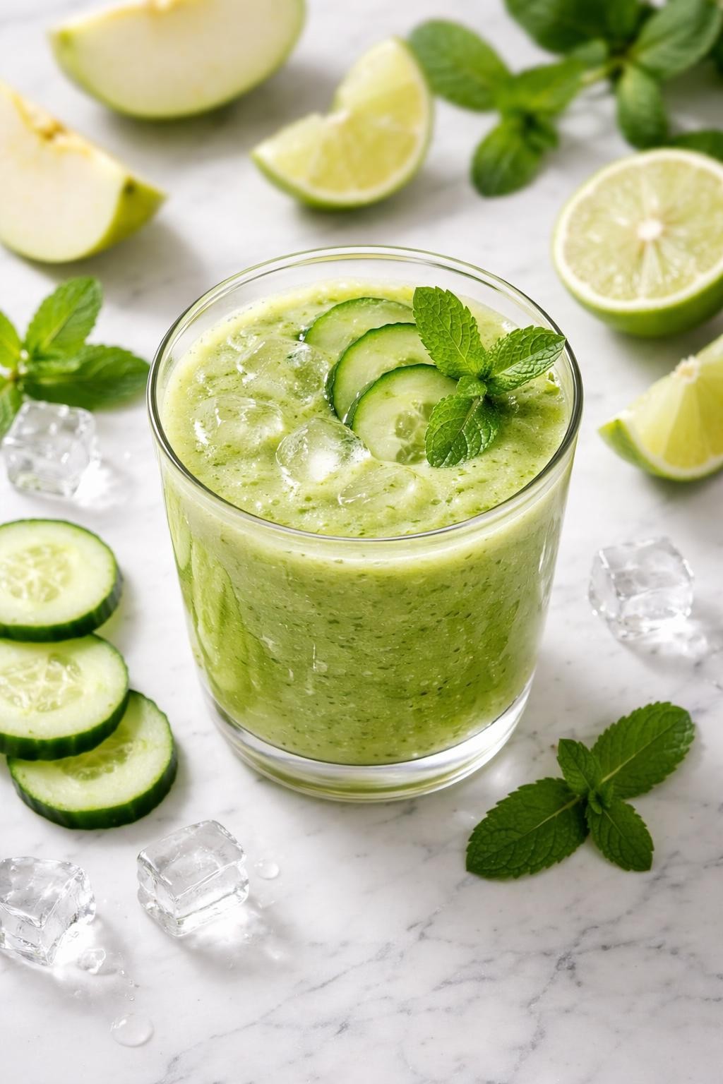 Realistic top-down editorial food photography of an apple cucumber mint smoothie in a clear glass on a white marble countertop. The smoothie is light green and refreshing, styled with cucumber slices, green apple wedges, fresh mint leaves, lime wedges, and ice cubes nearby. Soft natural daylight, crisp clean drink styling, high detail, realistic smoothie texture, no people, no hands, no text, no watermarks, no props with writing.