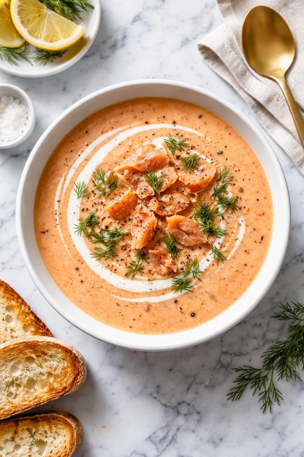 An overheard picture view of a plate of Smoked Salmon Bisque sitting on a marble countertop table in the kitchen, professional food photography style.